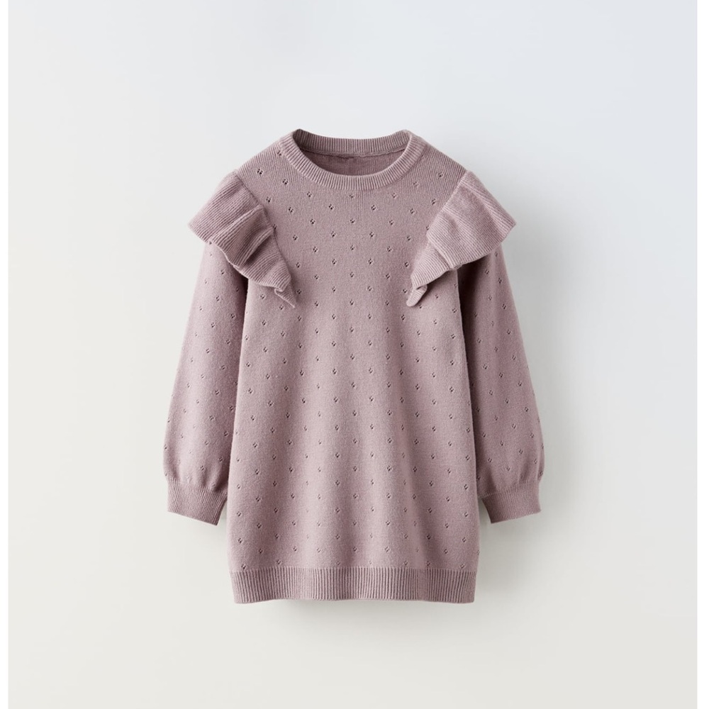 NWT Zara 4-5Y openwork knit long sleeve dress mauve with ruffles